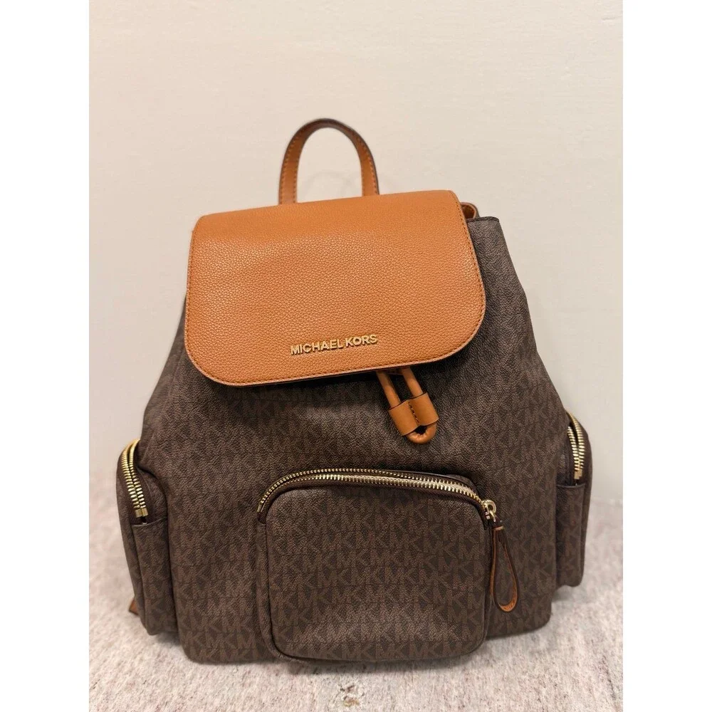 Michael Kors Abbey Signature MK Brown Leather Flap Backpack Rucksack